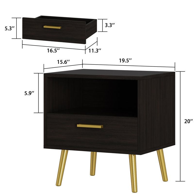 Sparacino Modern Nightstand with Golden Legs and Spacious Storage