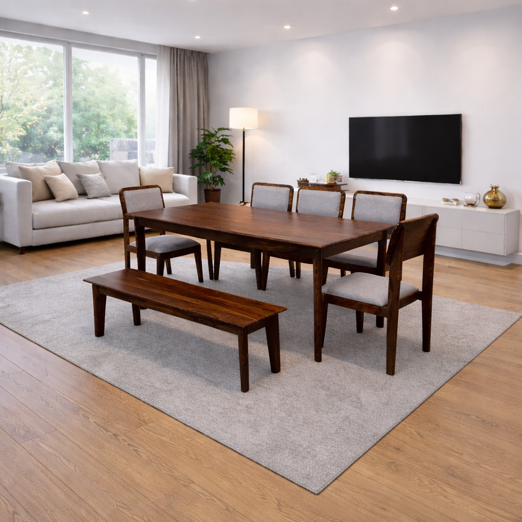 Urban Living Solid Sheesham Wood Eight Seater Dining Table Set With Bench-Honey