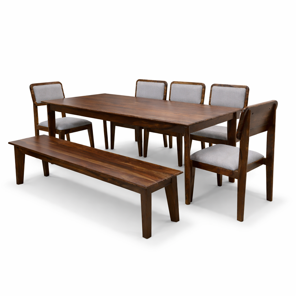 Urban Living Solid Sheesham Wood Eight Seater Dining Table Set With Bench-Honey