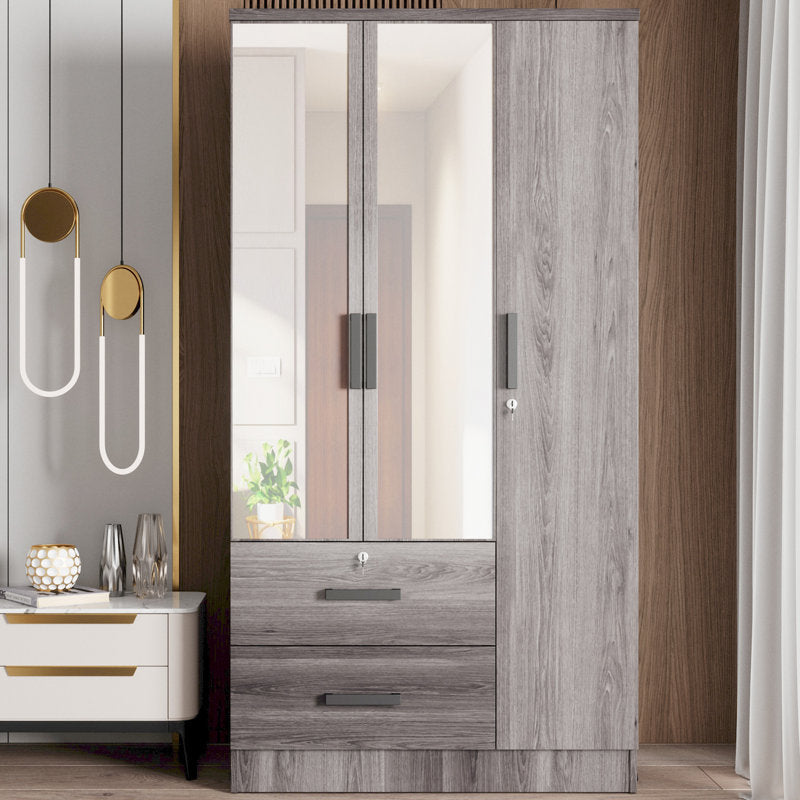 Wardrobe Armoire Closet With Two Convenient Mirrors Placed On The Doors & Two Drawers