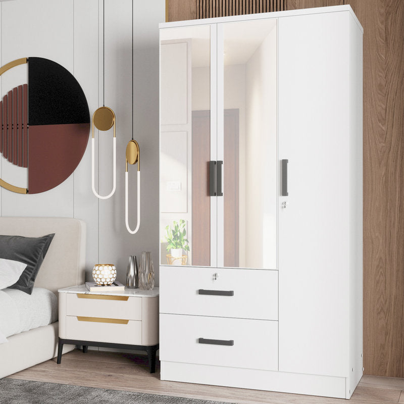 Wardrobe Armoire Closet With Two Convenient Mirrors Placed On The Doors & Two Drawers