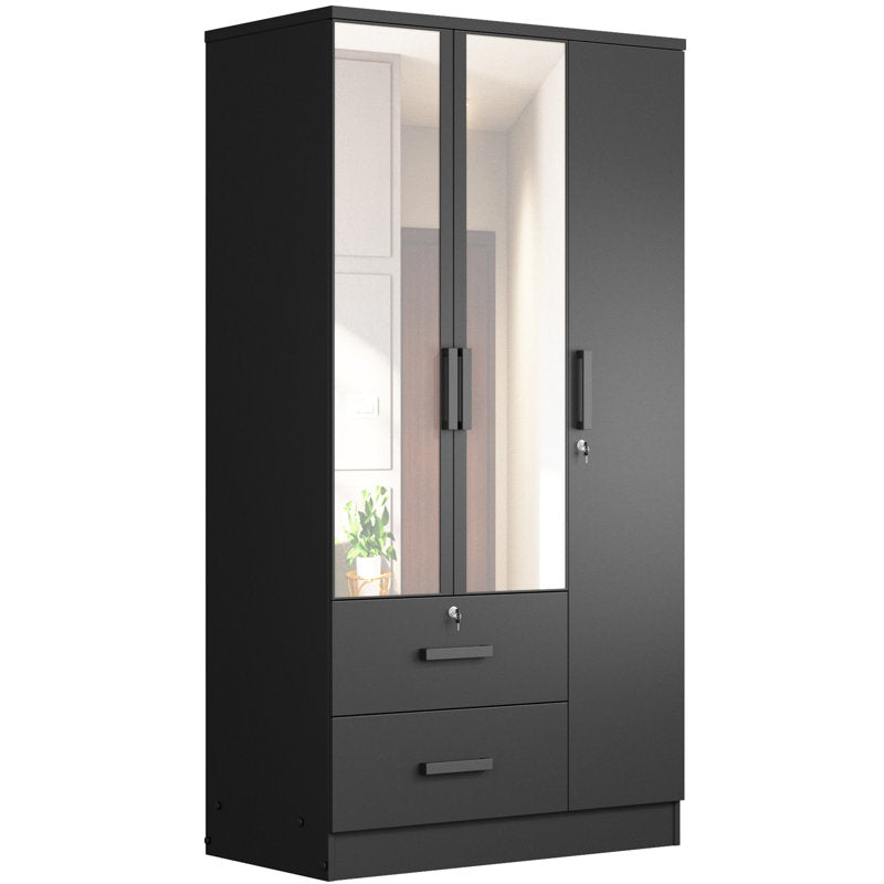 Wardrobe Armoire Closet With Two Convenient Mirrors Placed On The Doors & Two Drawers