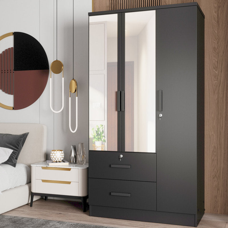 Wardrobe Armoire Closet With Two Convenient Mirrors Placed On The Doors & Two Drawers