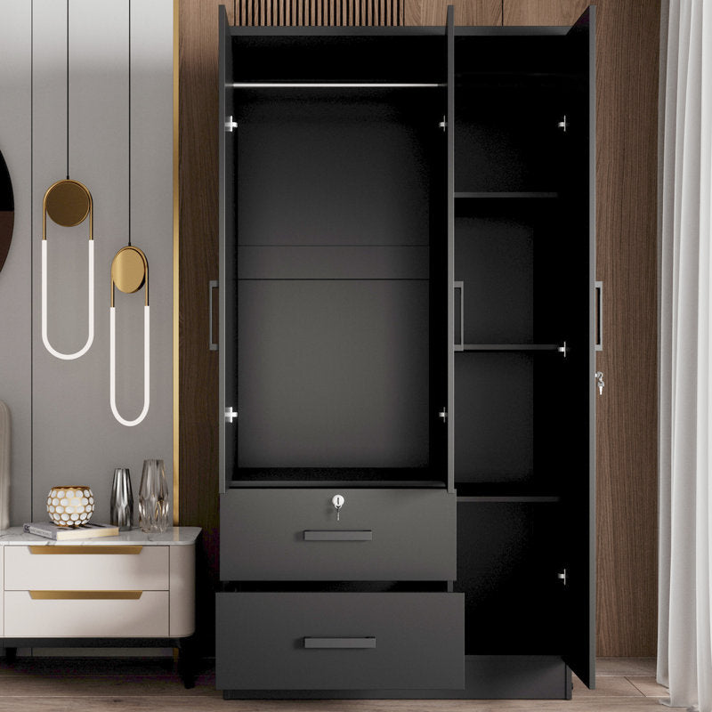 Wardrobe Armoire Closet With Two Convenient Mirrors Placed On The Doors & Two Drawers