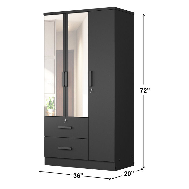 Wardrobe Armoire Closet With Two Convenient Mirrors Placed On The Doors & Two Drawers