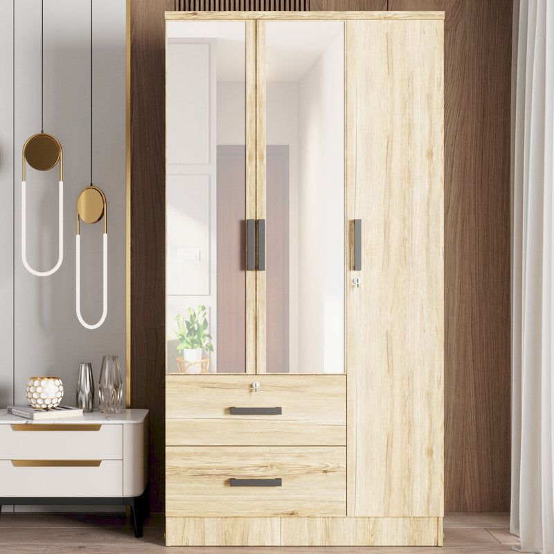 Wardrobe Armoire Closet With Two Convenient Mirrors Placed On The Doors & Two Drawers