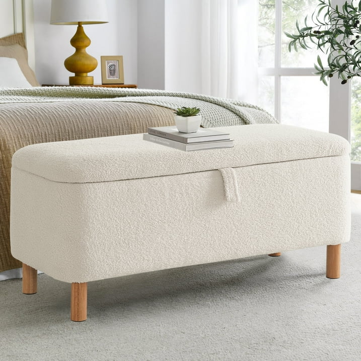 39.5" Boucle Storage Ottoman Bench for Living Room Bedroom Foot Rest End of Bed Wood Leg
