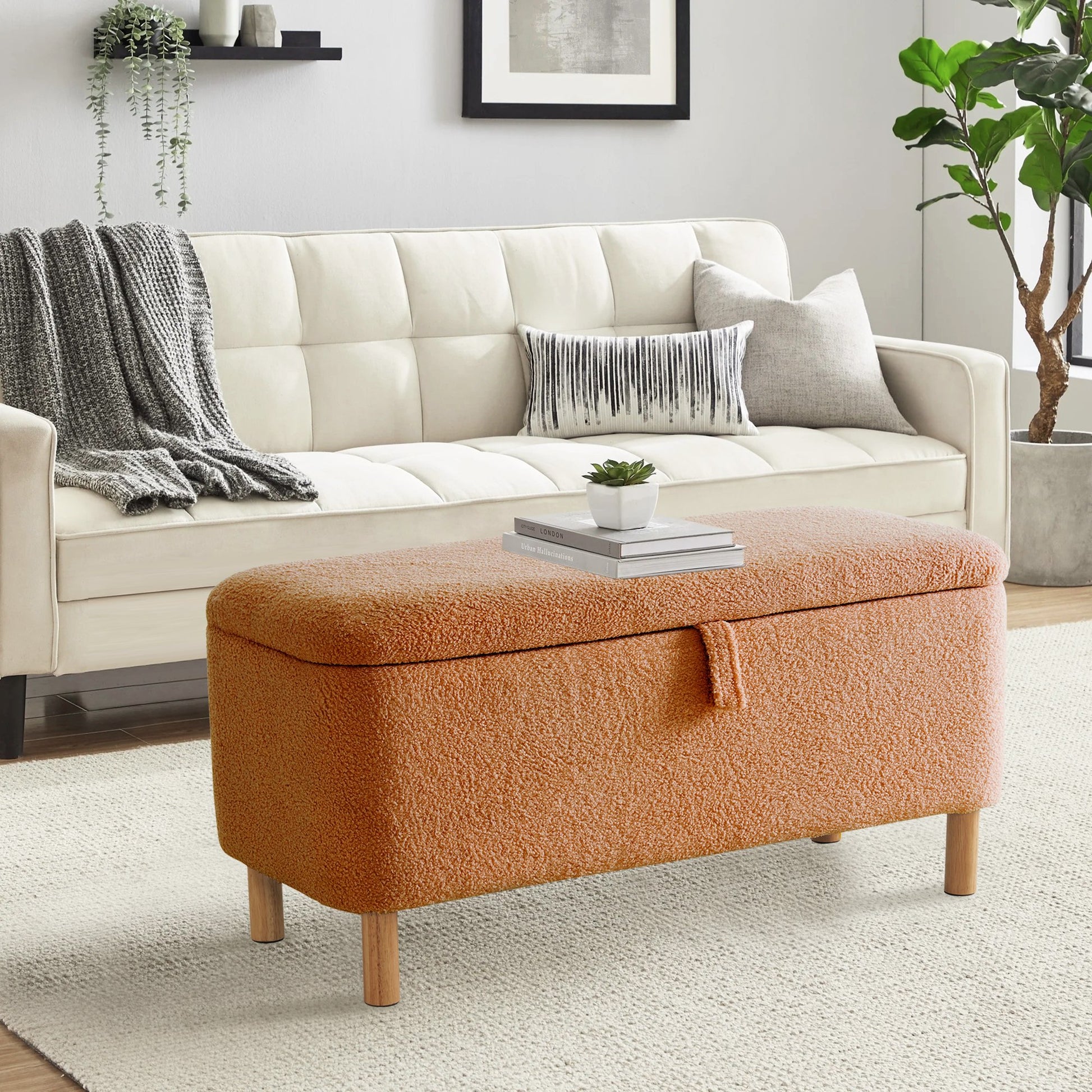 39.5" Boucle Storage Ottoman Bench for Living Room Bedroom Foot Rest End of Bed Wood Leg
