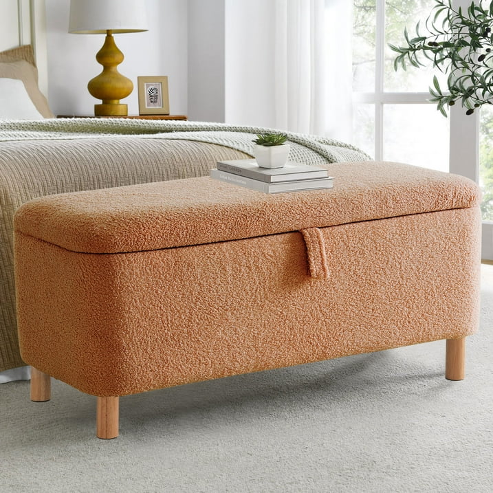 39.5" Boucle Storage Ottoman Bench for Living Room Bedroom Foot Rest End of Bed Wood Leg