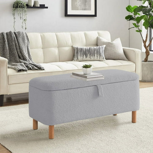39.5" Boucle Storage Ottoman Bench for Living Room Bedroom Foot Rest End of Bed Wood Leg