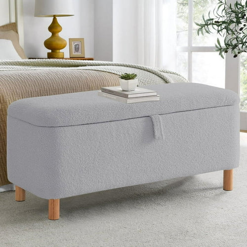 39.5" Boucle Storage Ottoman Bench for Living Room Bedroom Foot Rest End of Bed Wood Leg