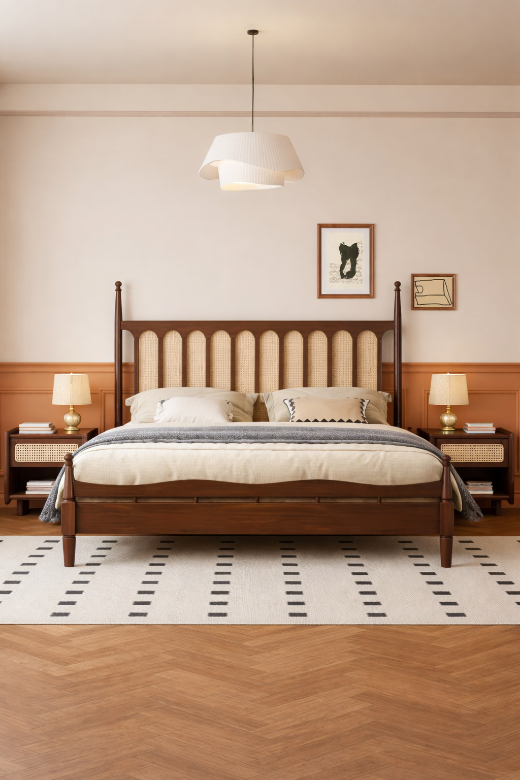 Elegant Mid-Century Modern Bed with Rattan Headboard