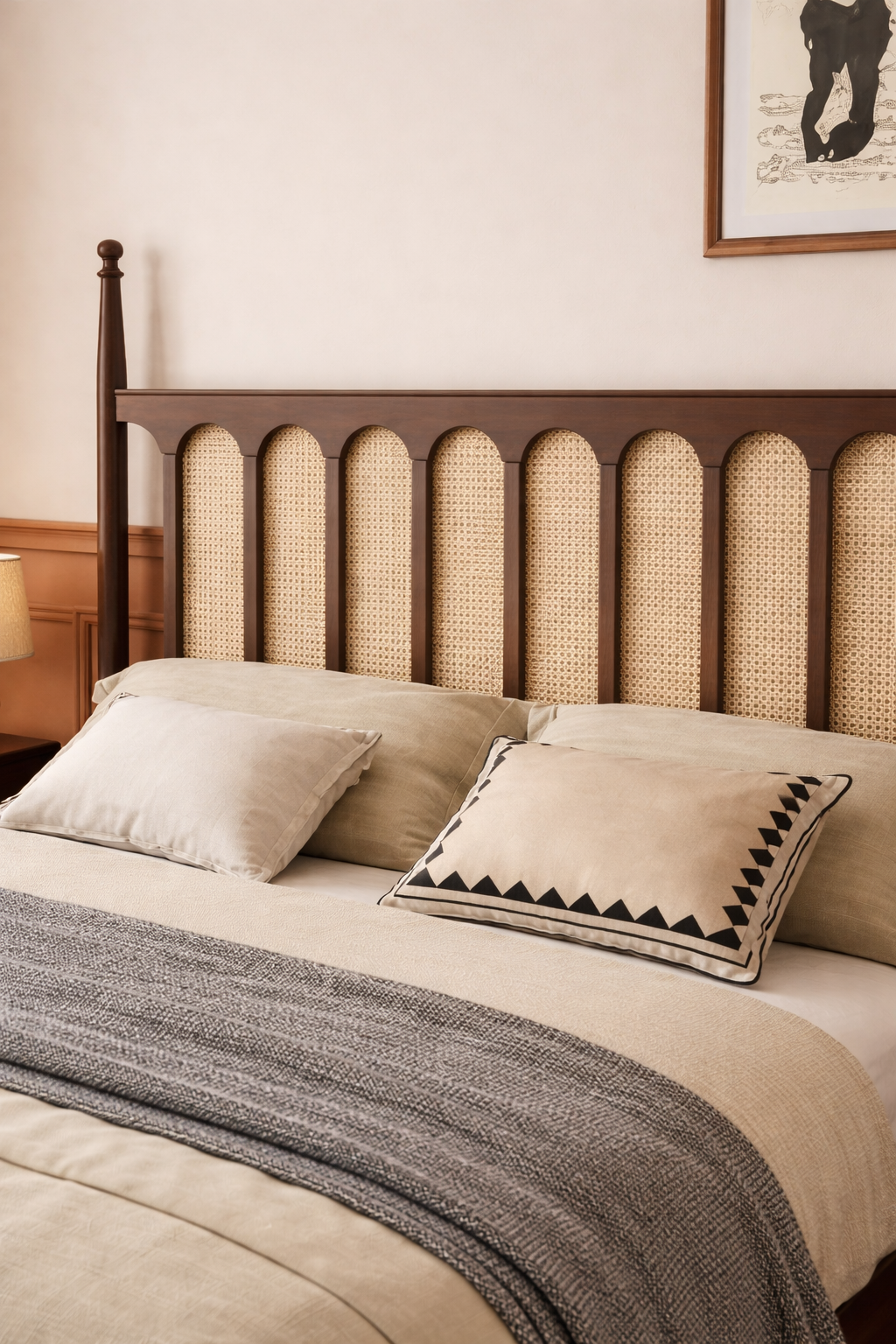 Elegant Mid-Century Modern Bed with Rattan Headboard