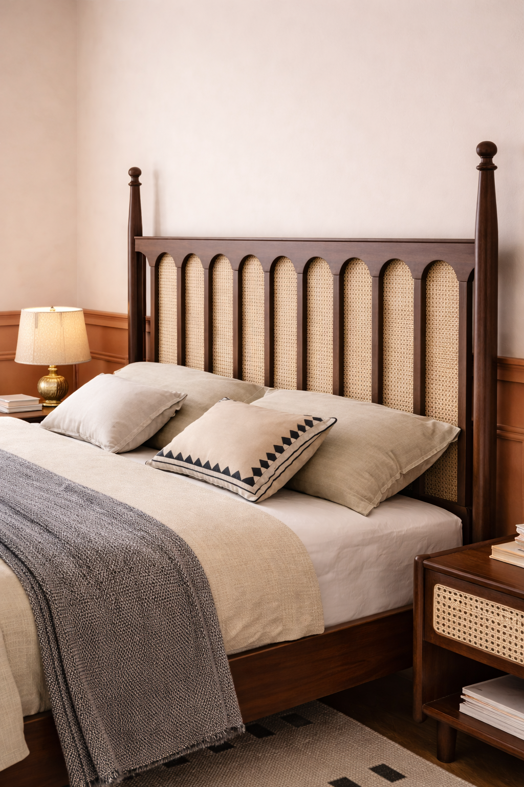 Mid-Century Modern Solid Wood Bed with Rattan Headboard | Mamta Handicraft