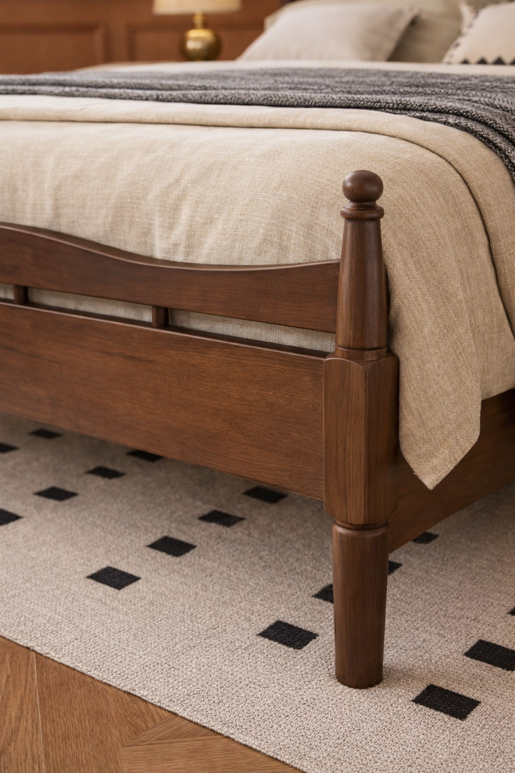 Mid-Century Modern Solid Wood Bed with Rattan Headboard | Mamta Handicraft