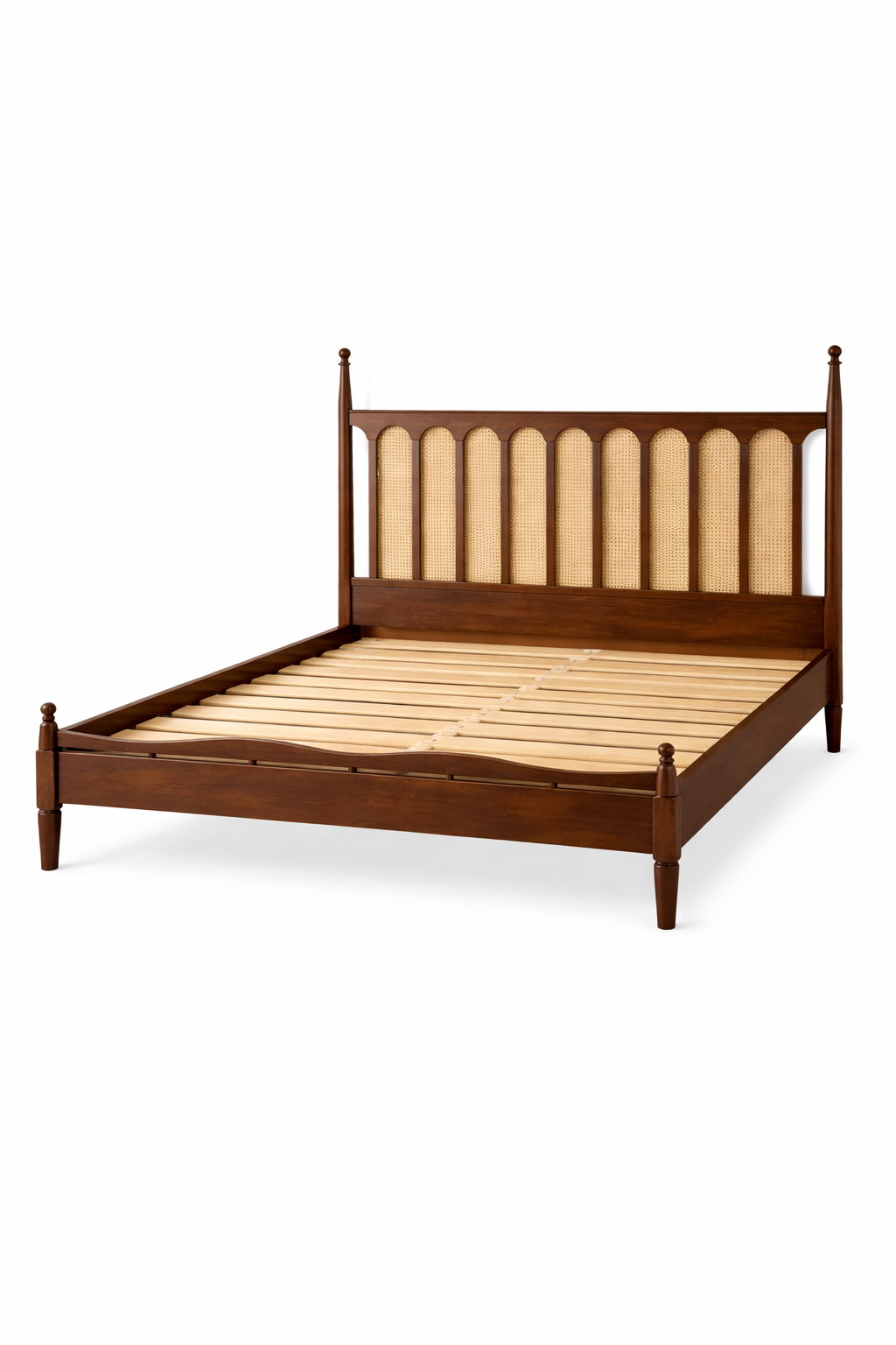 Mid-Century Modern Solid Wood Bed with Rattan Headboard | Mamta Handicraft