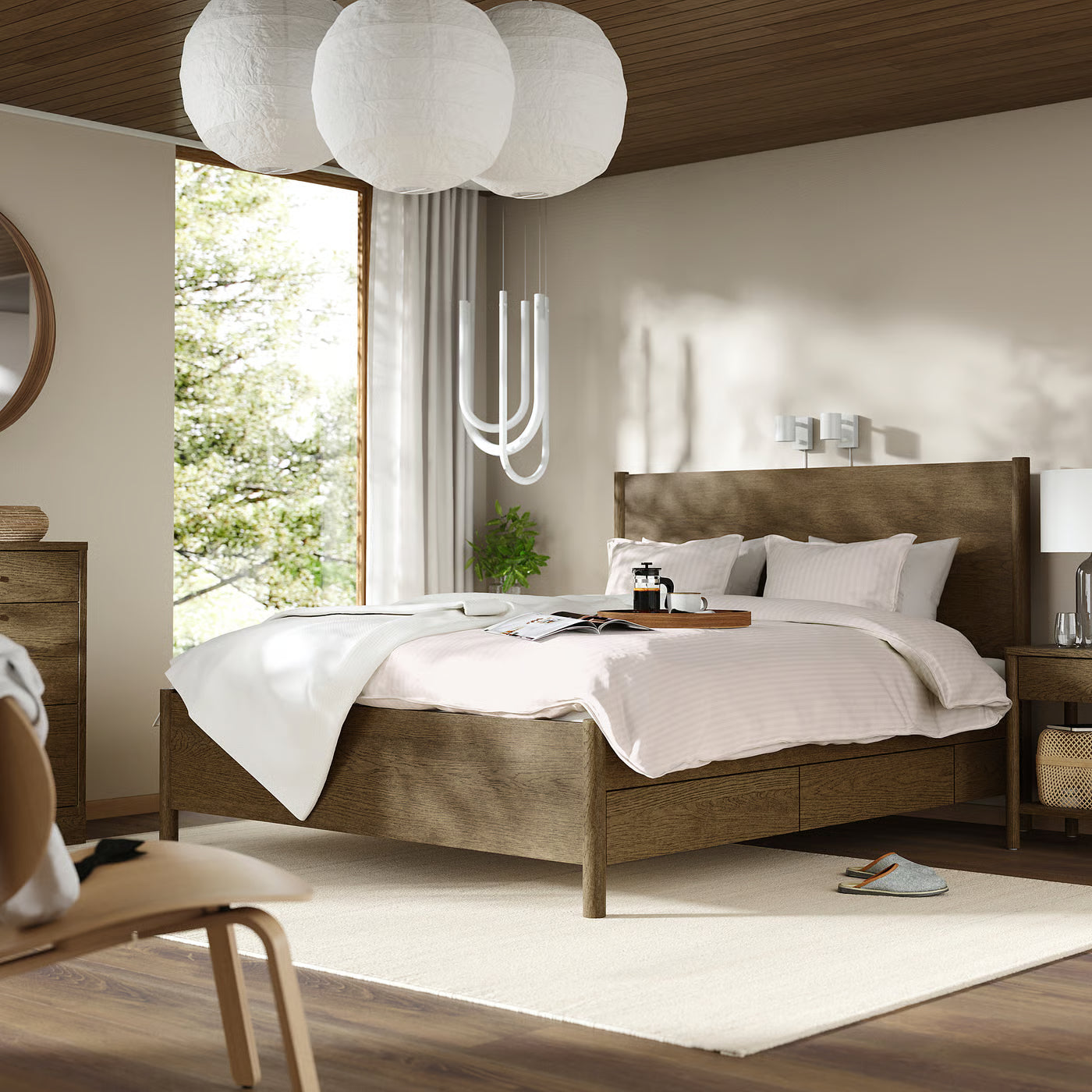 Bedroom furniture, set of 3, incl bed storage/brown stained Solid wood , 180x200 cm (70 7/8x78 3/4 ")