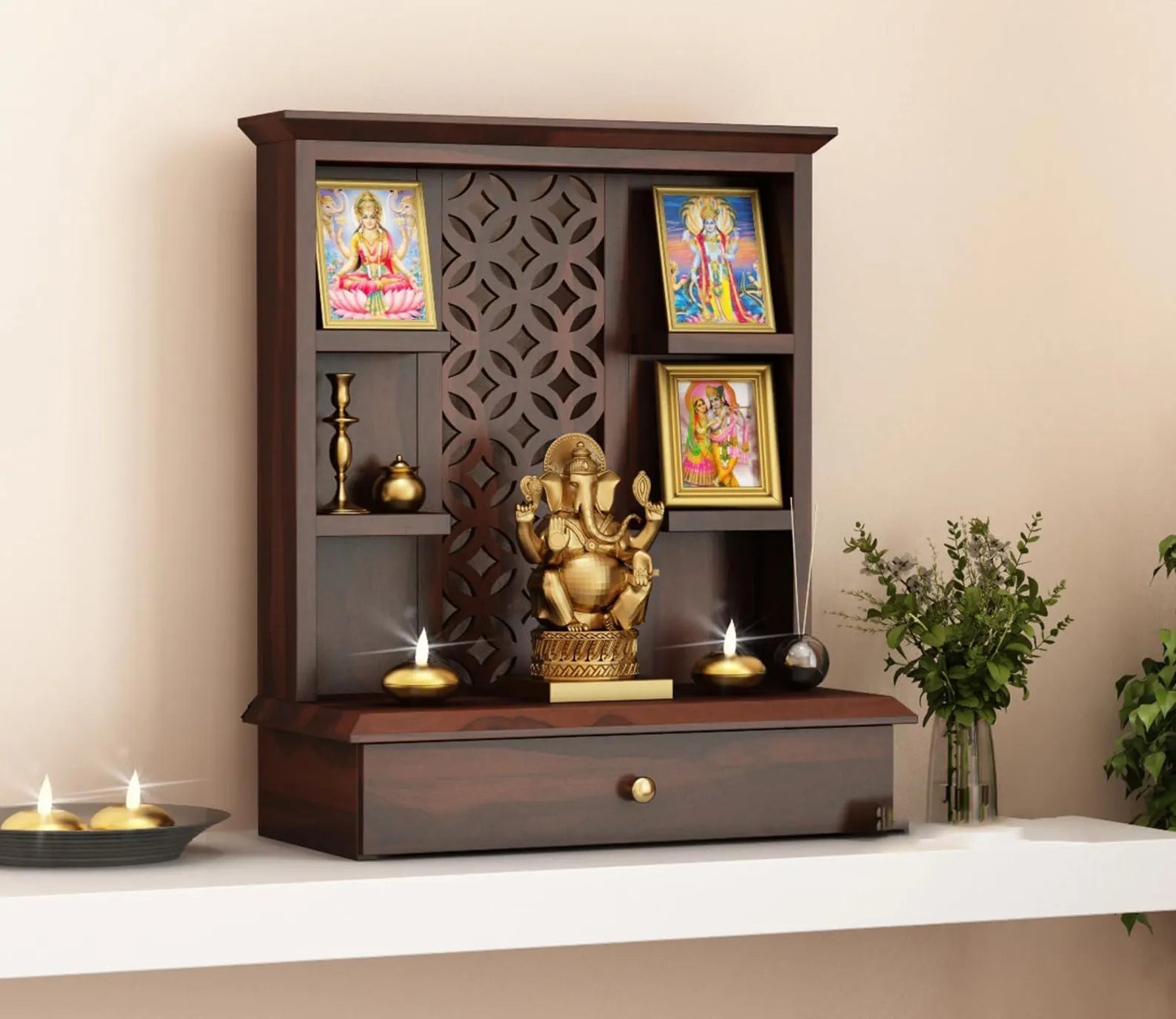 Vaishnav Heritage Solid Wood Home Temple with Ornate Back Panel