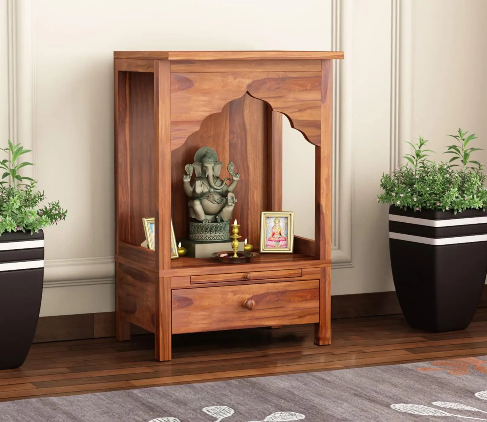 Heritage Arch Solid Wood Home Temple with Storage Drawer