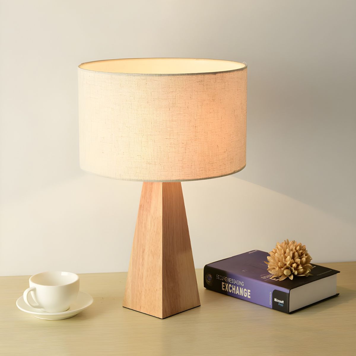 Prismatic Wooden Table Lamp Modernist 1 Light Beige Night Light with White Fabric Lamp Shade