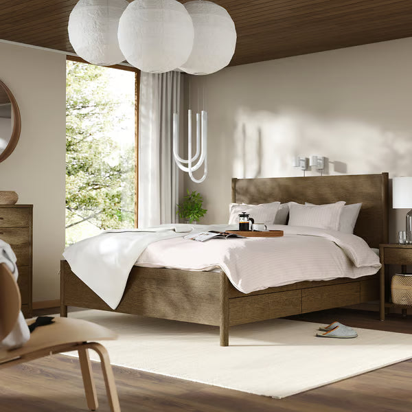 Bedroom furniture, set of 3, incl bed storage/brown stained oak veneer, 180x200 cm (70 7/8x78 3/4 ")