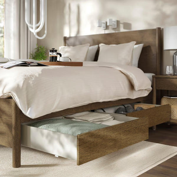 Bedroom furniture, set of 3, incl bed storage/brown stained oak veneer, 180x200 cm (70 7/8x78 3/4 ")