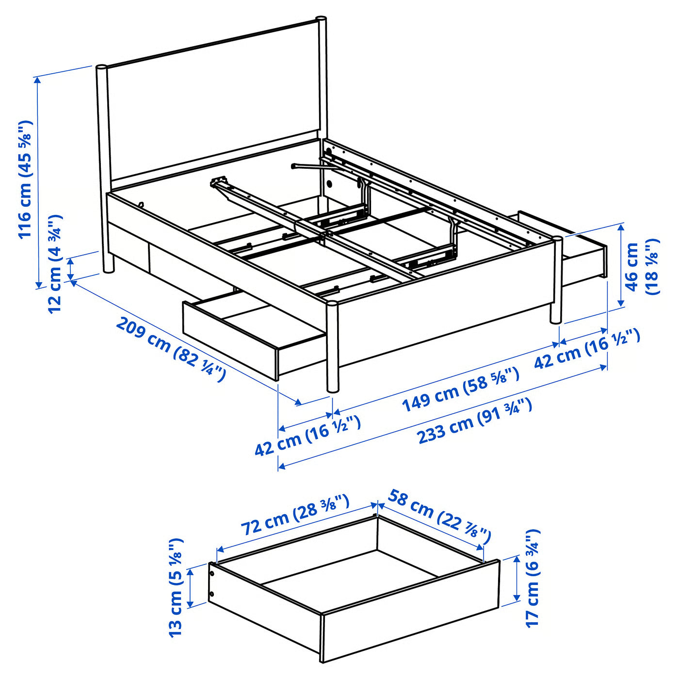Bedroom furniture, set of 3, incl bed storage/brown stained Solid wood , 180x200 cm (70 7/8x78 3/4 ")