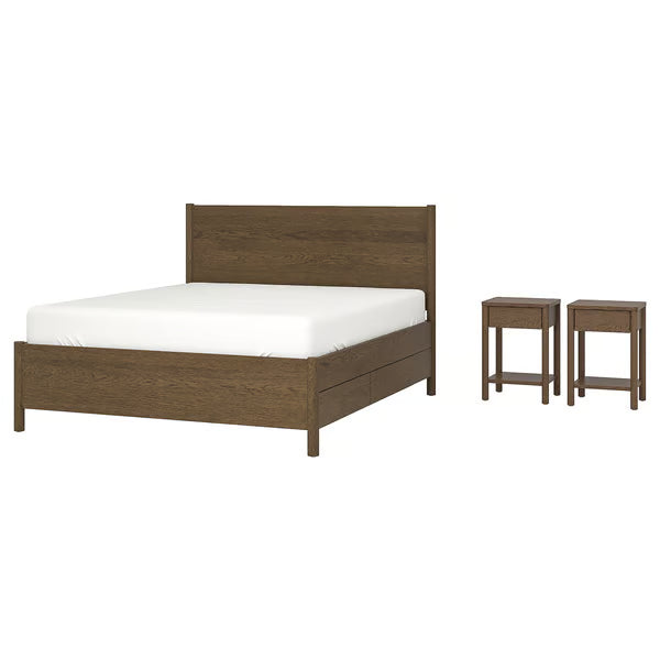 Bedroom furniture, set of 3, incl bed storage/brown stained oak veneer, 180x200 cm (70 7/8x78 3/4 ")